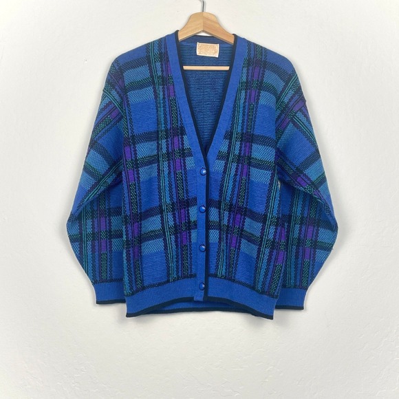 Vintage Pendleton Mens Wool Cardigan Blue Plaid Button Front Size Medium - Picture 1 of 9